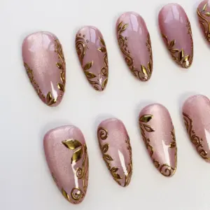 Pink Cat Eye Press On Nails Gold Floral 3D Bling Nails 3