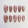 Pink cat eye gold floral 3D bling glitter press on nails fake nails short almond
