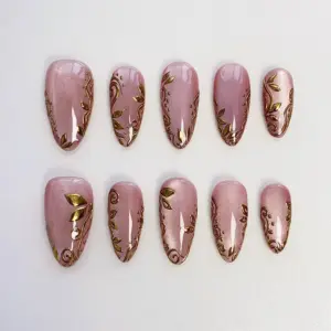 Pink cat eye gold floral 3D bling glitter press on nails fake nails short almond