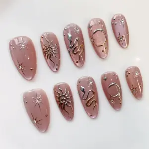 Pink Cat Eye Press On Nails Silver 3D Chrome Snake 1