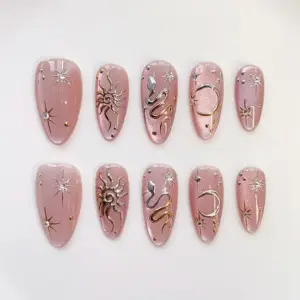 Pink cat eye silver 3D chrome snake sun star press on nails fake nails