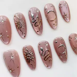 Pink Cat Eye Press On Nails Silver 3D Chrome Snake 3