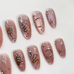 Pink Cat Eye Press On Nails Silver 3D Chrome Snake 4