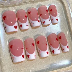 Pink French Tip Heart Press On Nails Valentine Fake Nails 1
