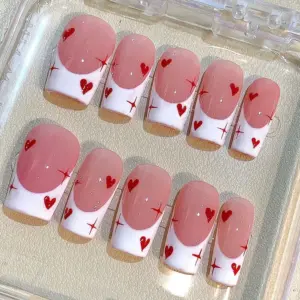 Pink French Tip Heart Press On Nails Valentine Fake Nails 3