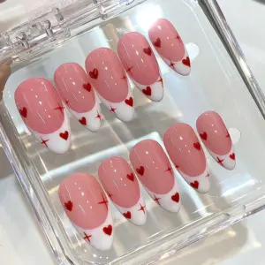 Pink French Tip Heart Press On Nails Valentine Fake Nails 5
