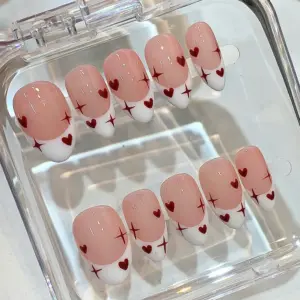 Pink French Tip Heart Star Press On Nails Valentine Fake Nails 1