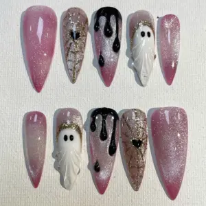 Pink Ghost Glitter Press On Nails cute Halloween shimmer black drip design