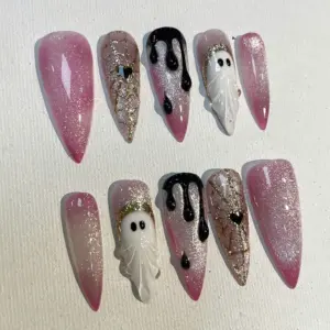 Pink Ghost Glitter Press On Nails 2