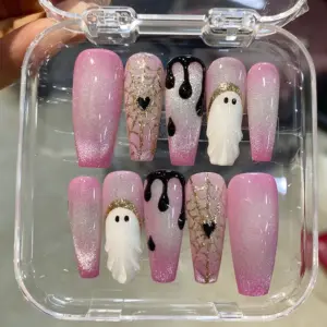 Pink Ghost Glitter Press On Nails 3