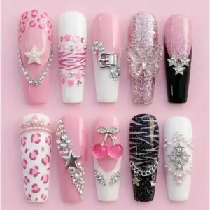 Pink glam Y2K press on nails set with 3D butterfly, cherry, crown, leopard print, rhinestone chain, and black glitter details