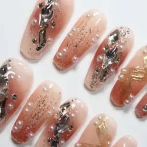 Pink gold rhinestone luxury Y2K sparkly press on nails fake nails