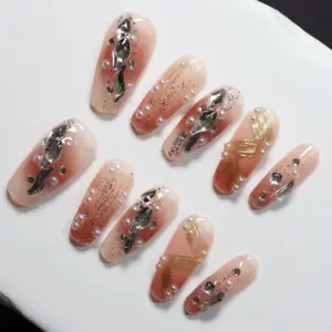 Pink Gold Rhinestone Press On Nails Luxury Y2K Fake Nails 2