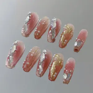 Pink Gold Rhinestone Press On Nails Luxury Y2K Fake Nails 3