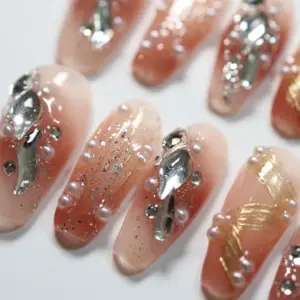 Pink Gold Rhinestone Press On Nails Luxury Y2K Fake Nails 4