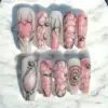 Pink Heart Press On Nails - Silver Chrome Y2K Fake Nails | ST11 5 Pink heart press on nails with silver chrome wire art 3D heart motif pearl gem and ball bead accents on cloud base