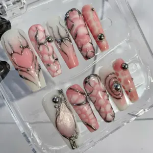 Pink Heart Press On Nails Silver Chrome Y2K Fake Nails 2