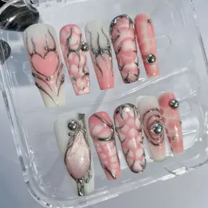Pink Heart Press On Nails Silver Chrome Y2K Fake Nails 3