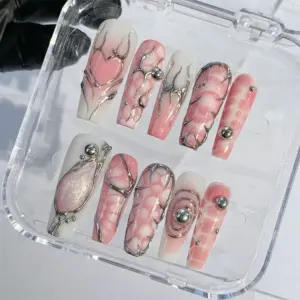 Pink Heart Press On Nails Silver Chrome Y2K Fake Nails 5