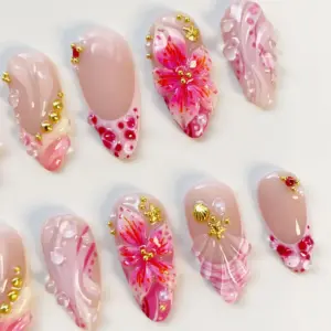 Pink Hibiscus Press On Nails 3D Floral Shell Ocea