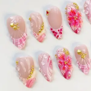 Pink Hibiscus Press On Nails 3D Floral Shell Ocea 3
