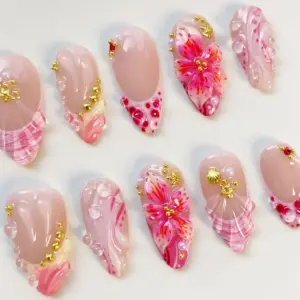 Pink Hibiscus Press On Nails 3D Floral Shell Ocea 4