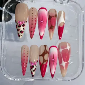 Pink Leopard Press On Nails Cheetah Ombre Fake Nails 3