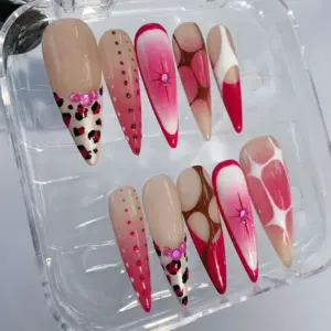 Pink Leopard Press On Nails Cheetah Ombre Fake Nails 4