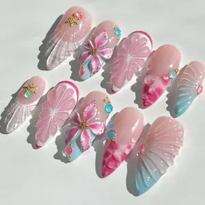 Pink Shell Press On Nails 3D Floral Starfish Bubble Summer Fake