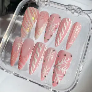 Pink Snowflake Glitter Press On Nails 2