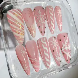 Pink Snowflake Glitter Press On Nails 3