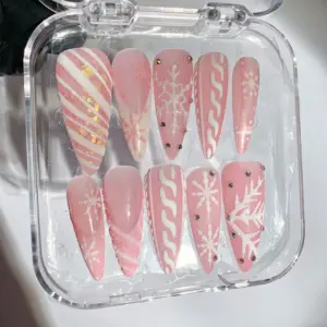 Pink Snowflake Glitter Press On Nails 4