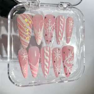 Pink Snowflake Glitter Press On Nails 5