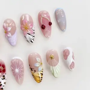 Pink Wild Press On Nails 3D Floral Cherry Animal Pr