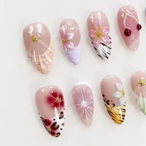 Pink Wild Press On Nails 3D Floral Cherry Animal Pr 3