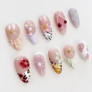 Pink Wild Press On Nails 3D Floral Cherry Animal Pr 4