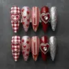 Plaid Glitter Heart Press On Nails | Valentine Fake Nails | EV61 7 Red plaid and silver glitter Valentine's Day press on nails with 3D rhinestone heart charm, stripe and heart scatter designs