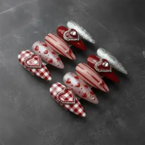Plaid Glitter Heart Press On Nails Valentine Fake Nails 2