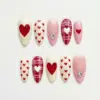 Plaid Heart Rhinestone Press On Nails - Valentine Fake Nails | EV76 3 Cream and red Valentine's Day press on nails with bold heart, scattered heart print, plaid tartan with white heart and rhinestone gem accent in pink and cream