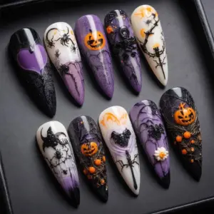 Purple Pumpkin Spider 3D Press On Nails black white Halloween gothic design