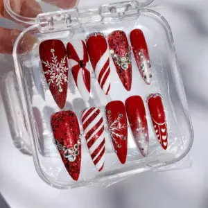 Red Glitter Snowflake Press On Nails Christmas Fake Nails 1