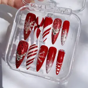 Red Glitter Snowflake Press On Nails Christmas Fake Nails 2
