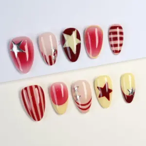 Red Star Stripe Press On Nails 3D Ombre Y2K Fake Nails 1