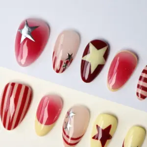 Red Star Stripe Press On Nails 3D Ombre Y2K Fake Nails 2