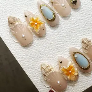 Reusable Coastal Chic Handmade Press On Gel Acrylic Nails 2