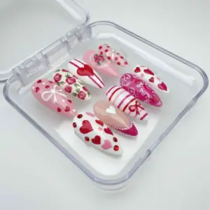 Rose Bow Heart Press On Nails Coquette Valentine Fake Nails 2