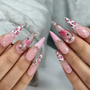 Rose Garden Pearl Press On Nails Pink Floral Gold Fake Nails 2