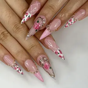 Rose Garden Pearl Press On Nails Pink Floral Gold Fake Nails 3