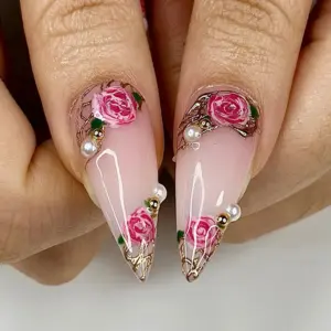 Rose Garden Pearl Press On Nails Pink Floral Gold Fake Nails 4