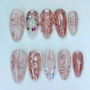 Rose Gold Snowflake Press On Nails Winter Aurora Fake Nails 2